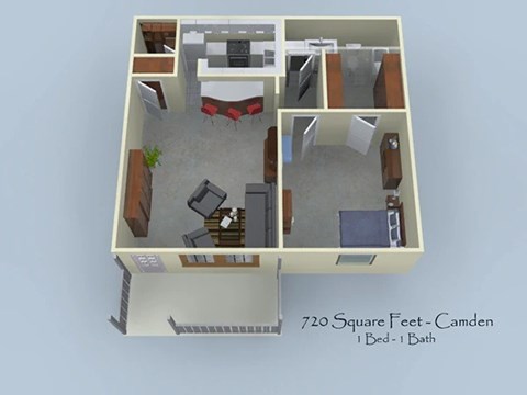 Floor plan for 1 bed, 1 bath, 720 sqft